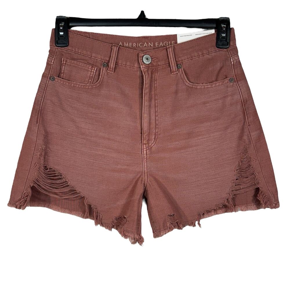 American Eagle SZ 6 Highest Rise Mom Jean Shorts Distressed Frayed Zip-Fly Pink